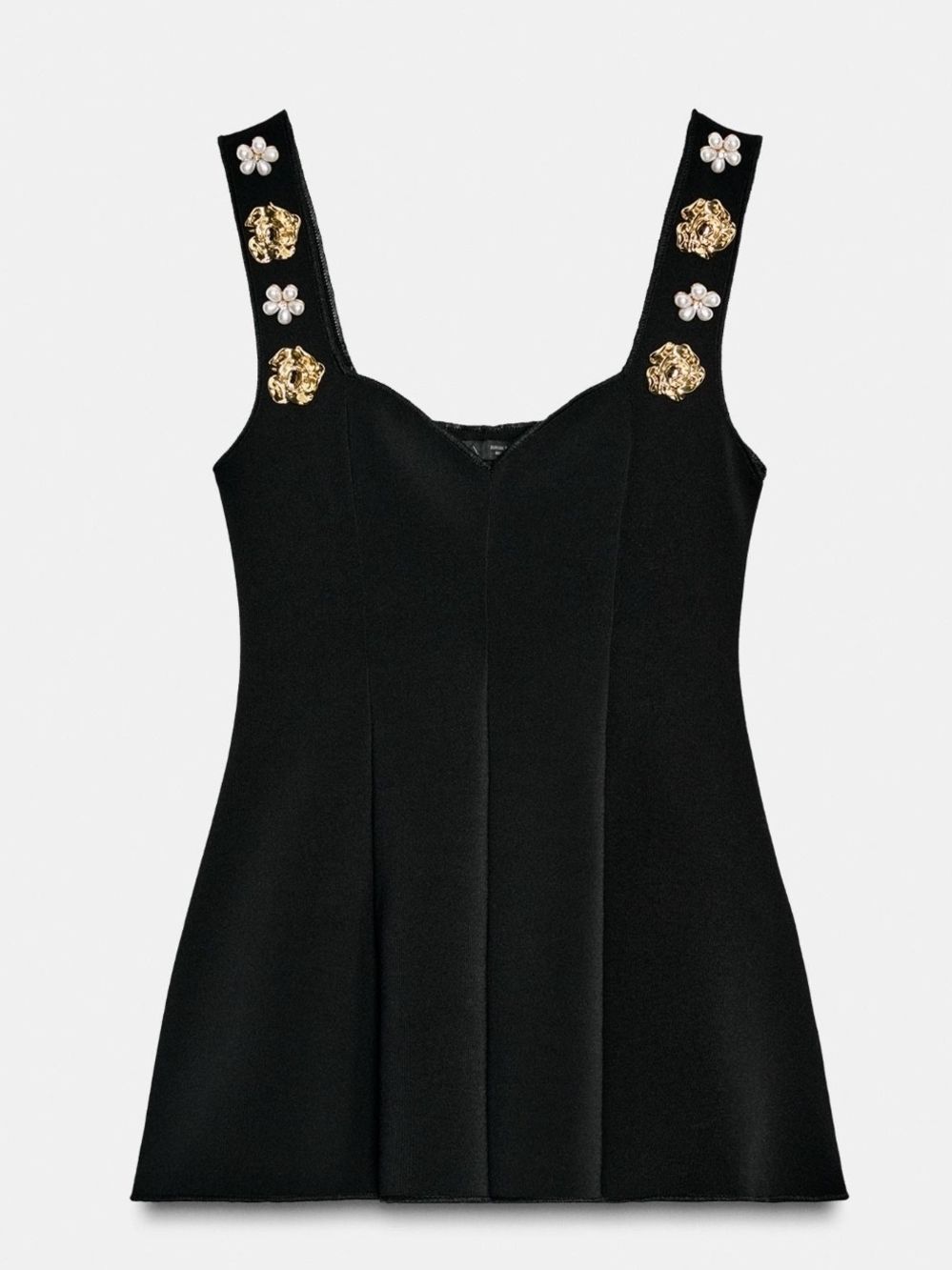 NWT Zara Black Embellished Strap W/Gold & Pearls Peplum Top Sz S